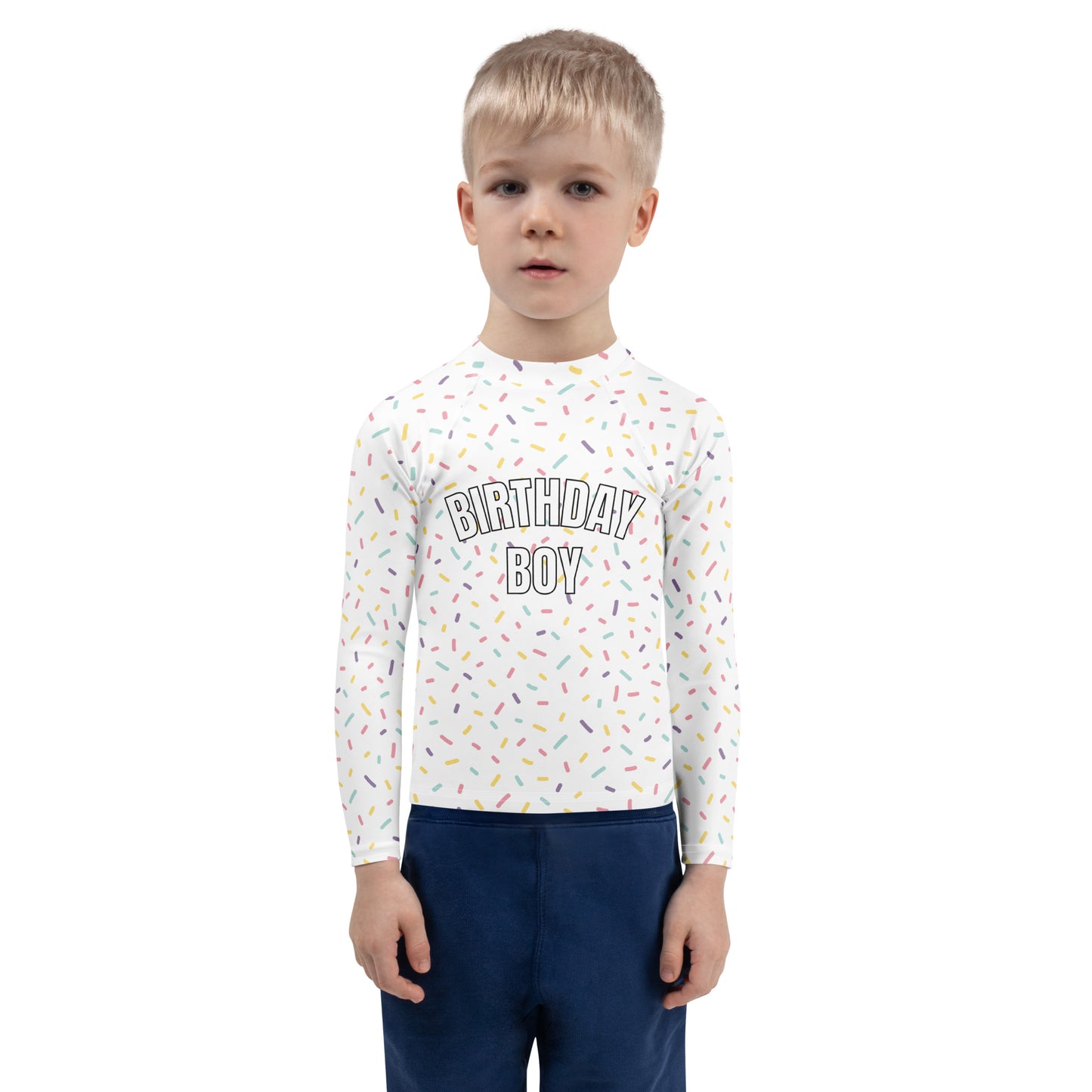 Birthday Boy Colorful Sprinkles Long Sleeve Rash Guard Swim Shirt With UPF 50+