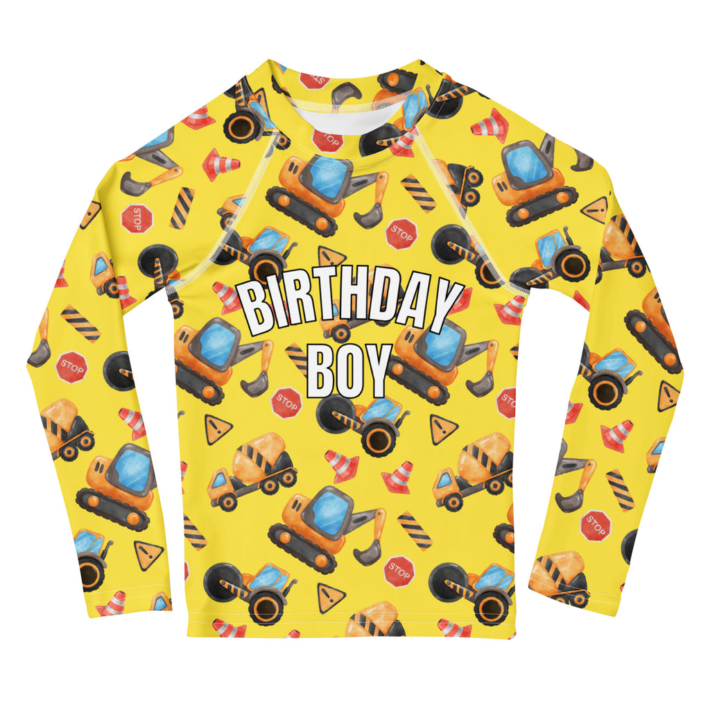 Birthday Boy Construction Themed Long Sleeve Rash Guard Swim Shirt With UPF 50+