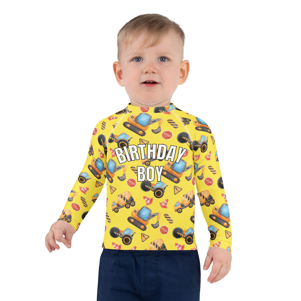 Birthday Boy Construction Themed Long Sleeve Rash Guard Swim Shirt With UPF 50+
