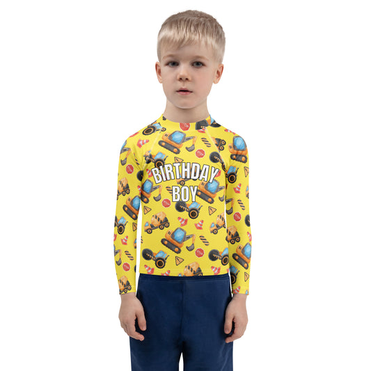 Birthday Boy Construction Themed Long Sleeve Rash Guard Swim Shirt With UPF 50+