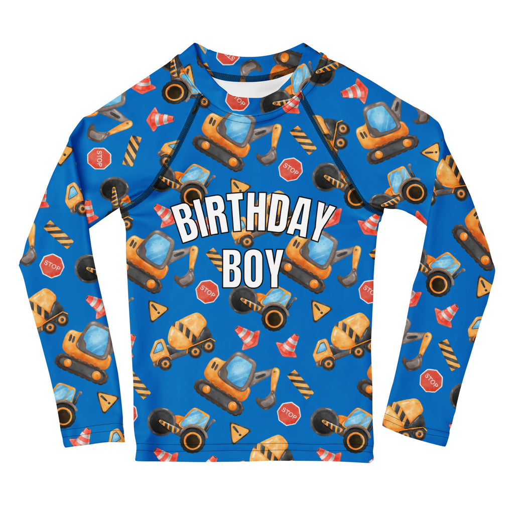 Birthday Boy Construction Themed Long Sleeve Rash Guard Swim Shirt With UPF 50+