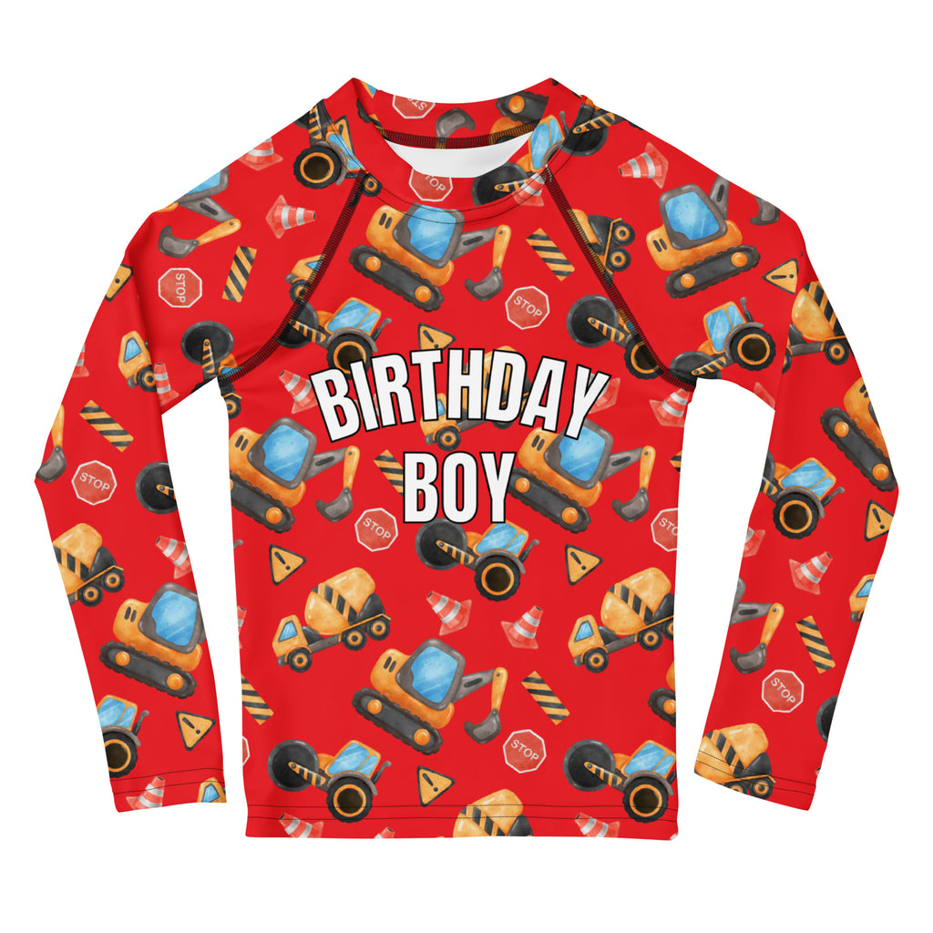 Birthday Boy Construction Themed Long Sleeve Rash Guard Swim Shirt With UPF 50+