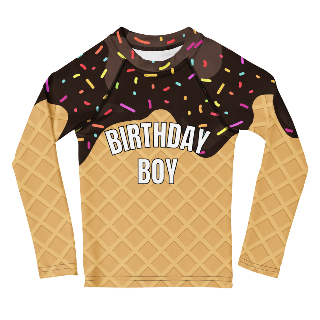 Birthday boy chocolate ice cream cone long sleeve rash guard with colorful sprinkles and upf 50 plus sun protection