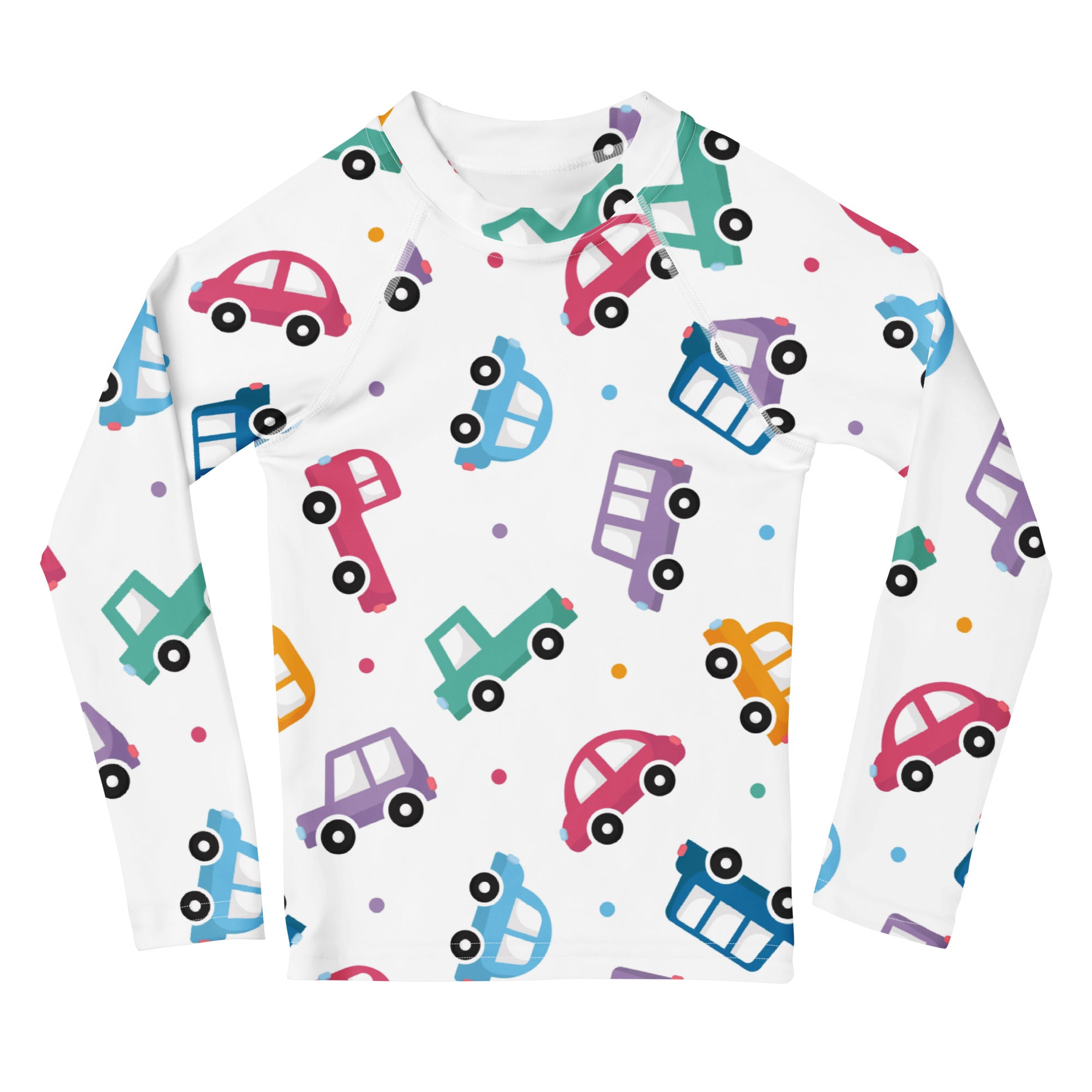 White long sleeve rash guard swim shirt with colorful cartoon cars pattern and upf 50 plus for kids