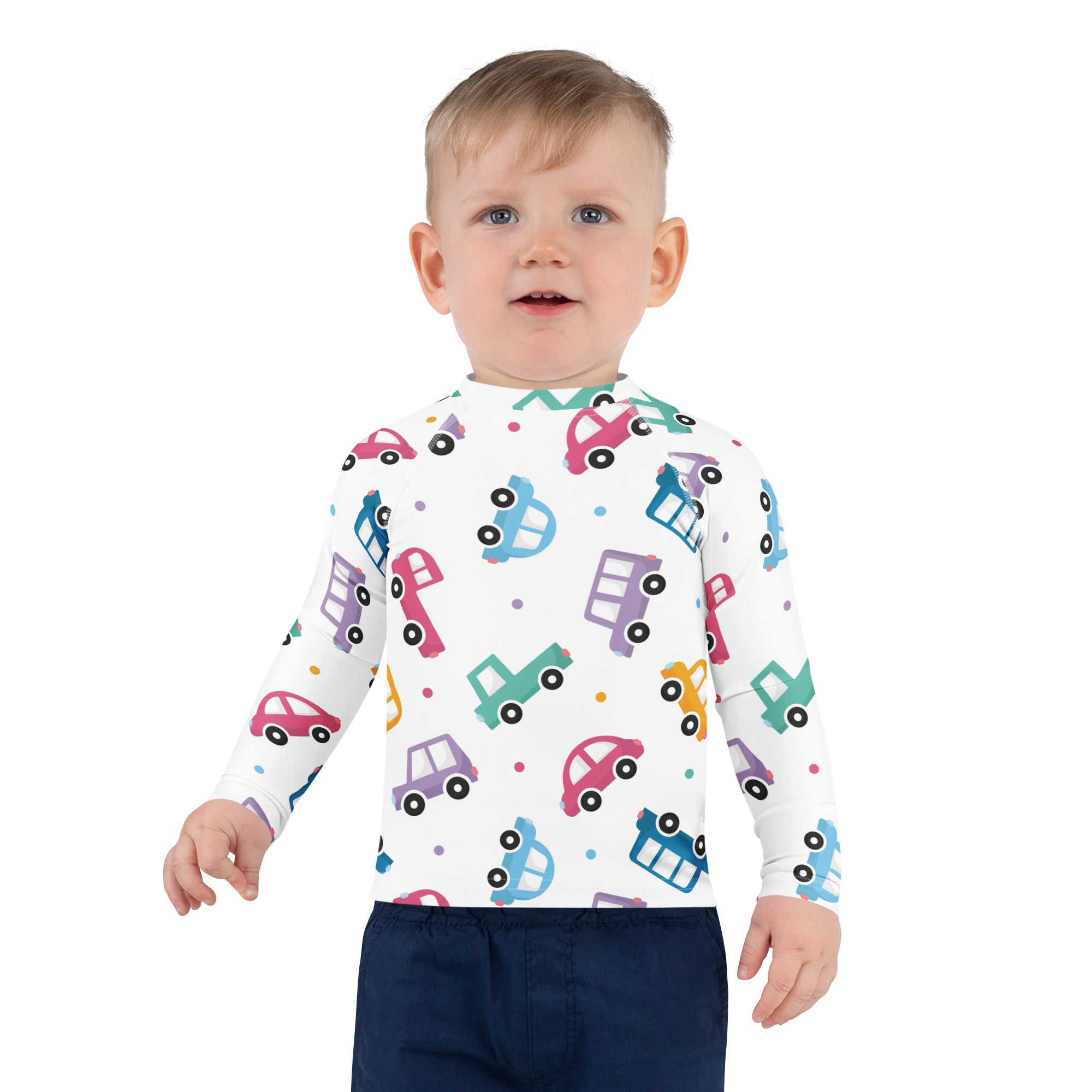 White long-sleeved kids rash guard swim shirt with colorful cartoon cars pattern and upf 50 plus protection
