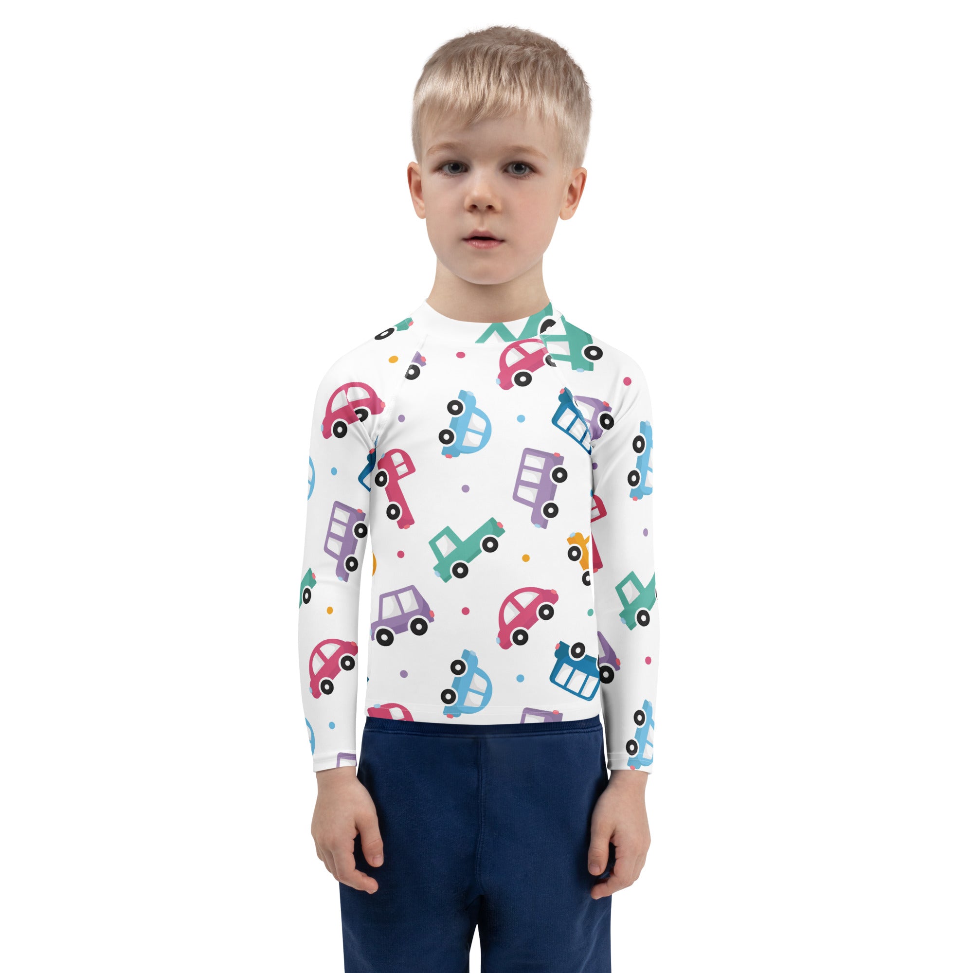 Kids colorful cars long sleeve rash guard swim shirt with playful pink blue green and purple car pattern on white background