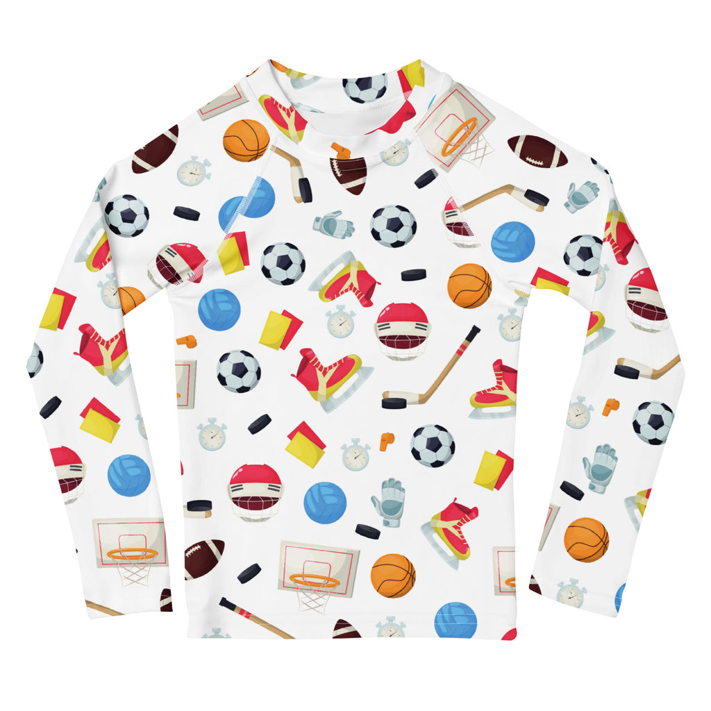 White long-sleeved kids sports rash guard swim shirt with colorful soccer basketball hockey pattern upf 50+