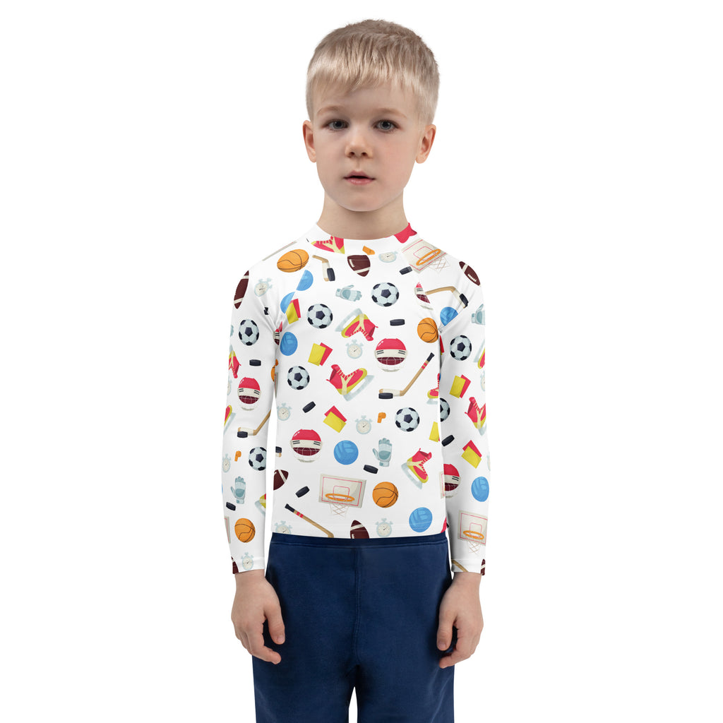 White kids long sleeve rash guard swim shirt with colorful sports graphics and UPF 50 plus sun protection