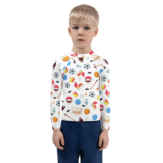 Kids Sports Themed Long Sleeve Rash Guard Swim Shirt With UPF 50+
