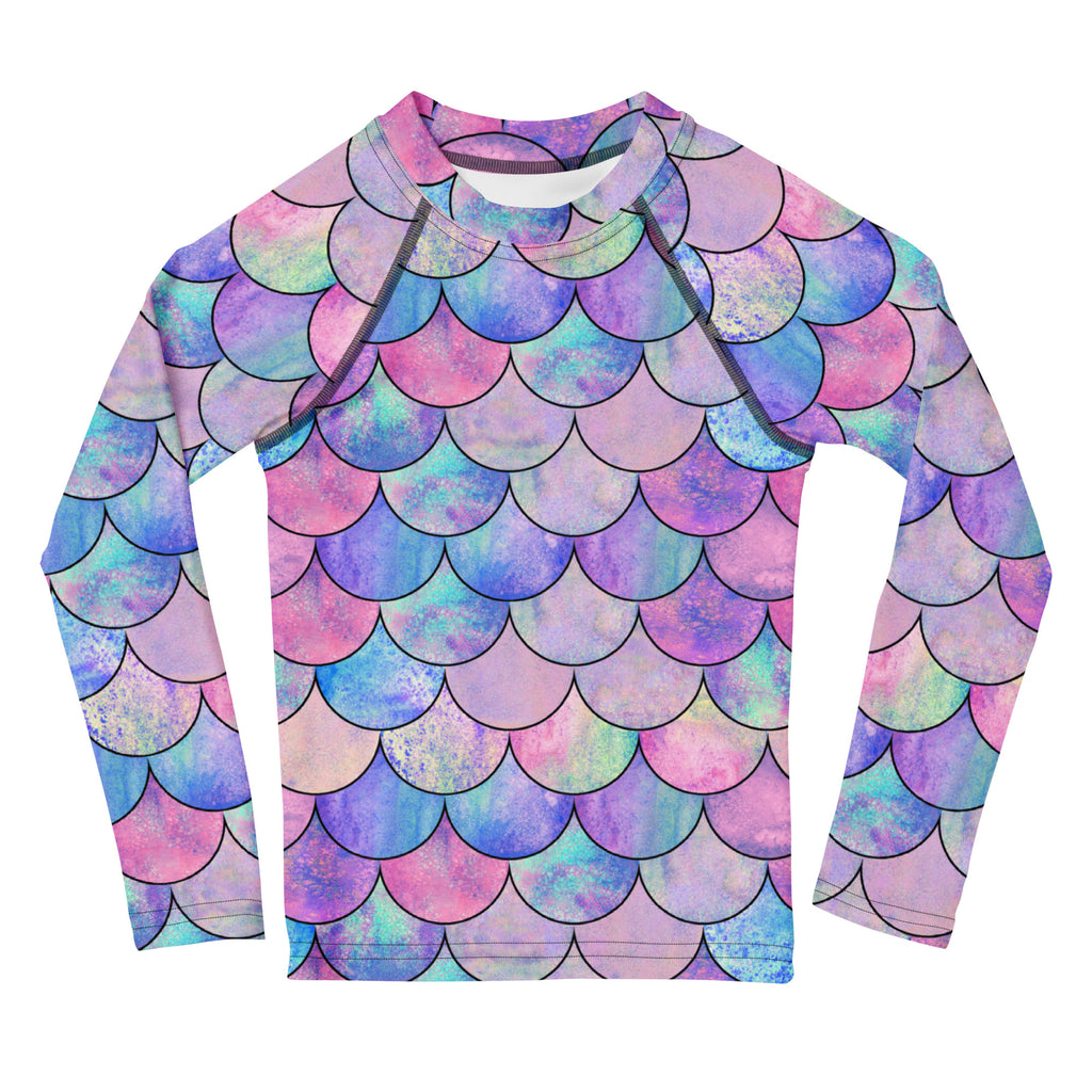 Girls Pastel Mermaid Long Sleeve Rash Guard Swim Shirt With UPF 50+