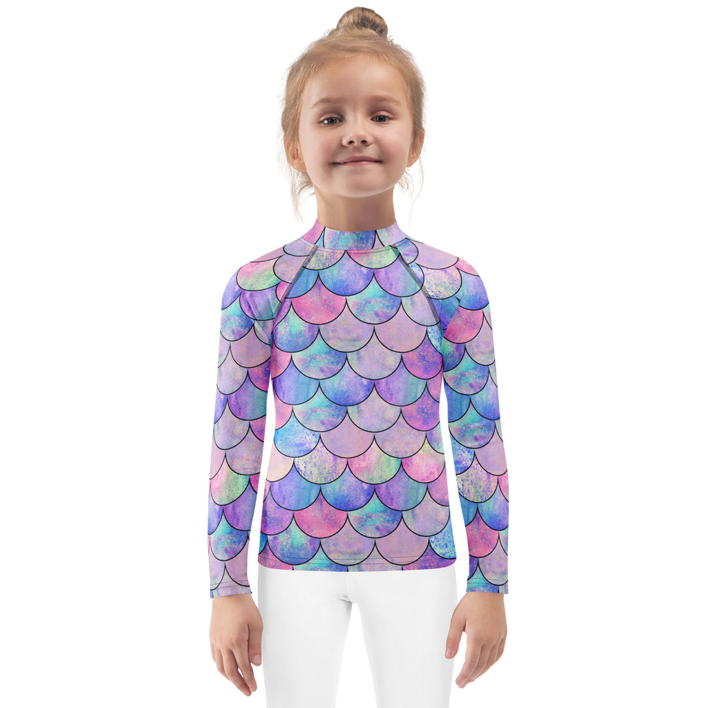 Girls Pastel Mermaid Long Sleeve Rash Guard Swim Shirt With UPF 50+