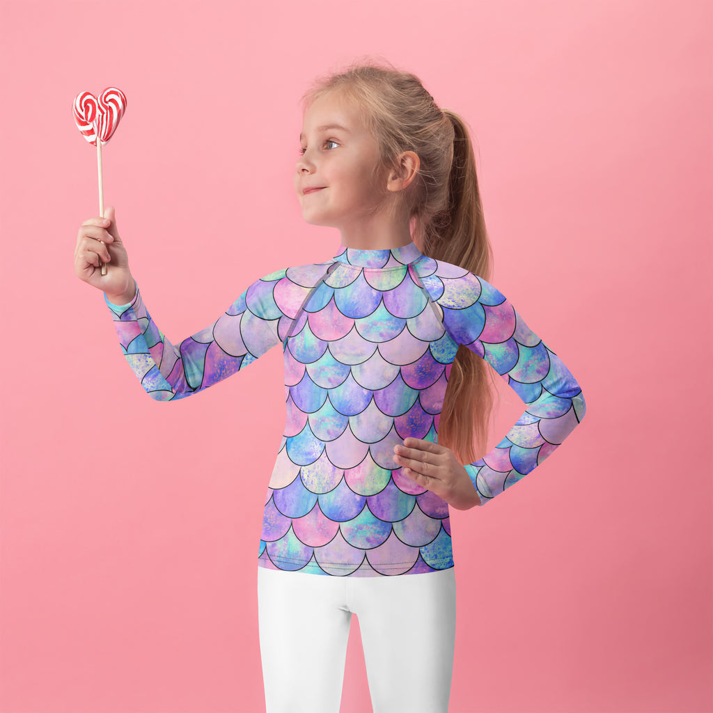Girls Pastel Mermaid Long Sleeve Rash Guard Swim Shirt With UPF 50+