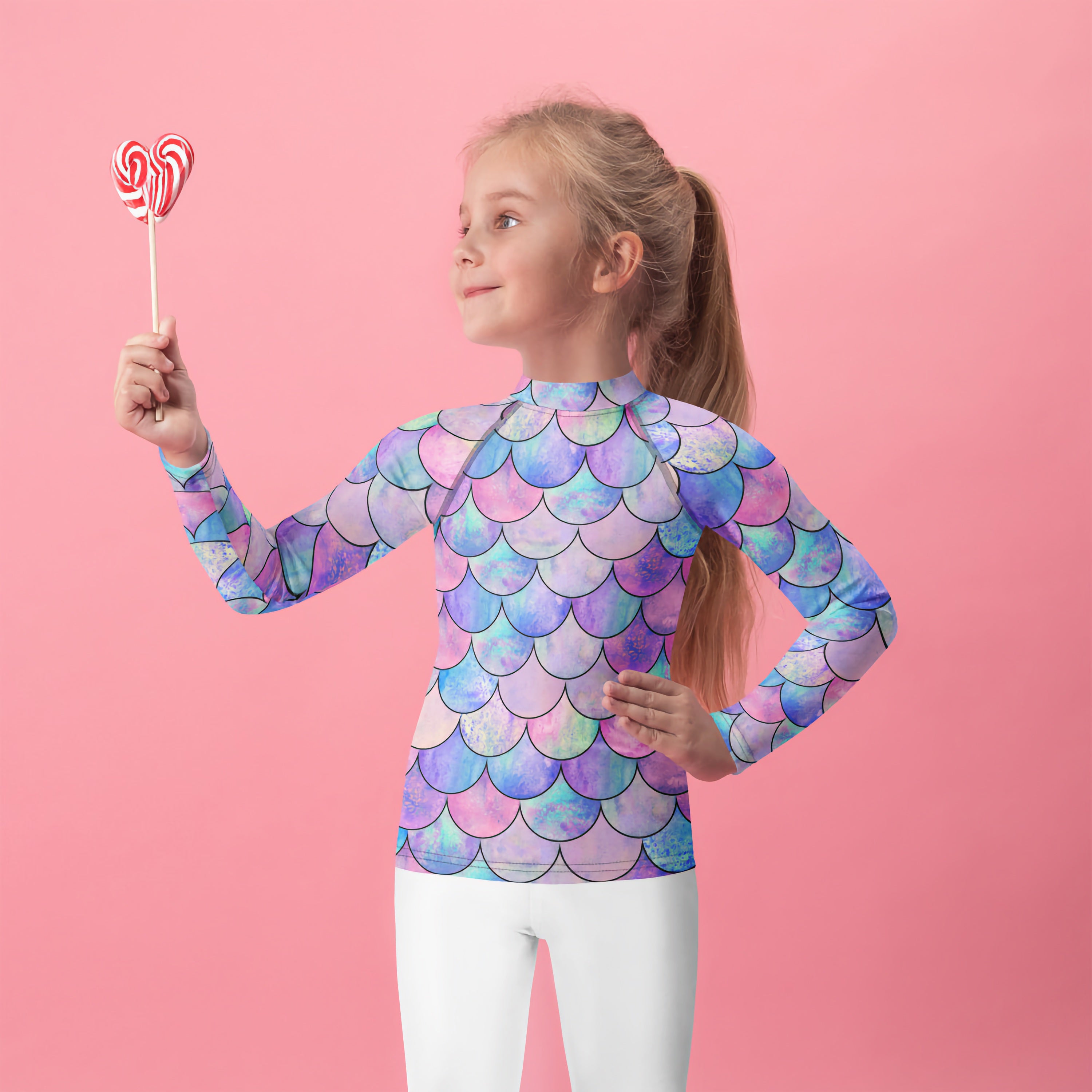 Girls Pastel Mermaid Long Sleeve Rash Guard Swim Shirt With UPF 50+