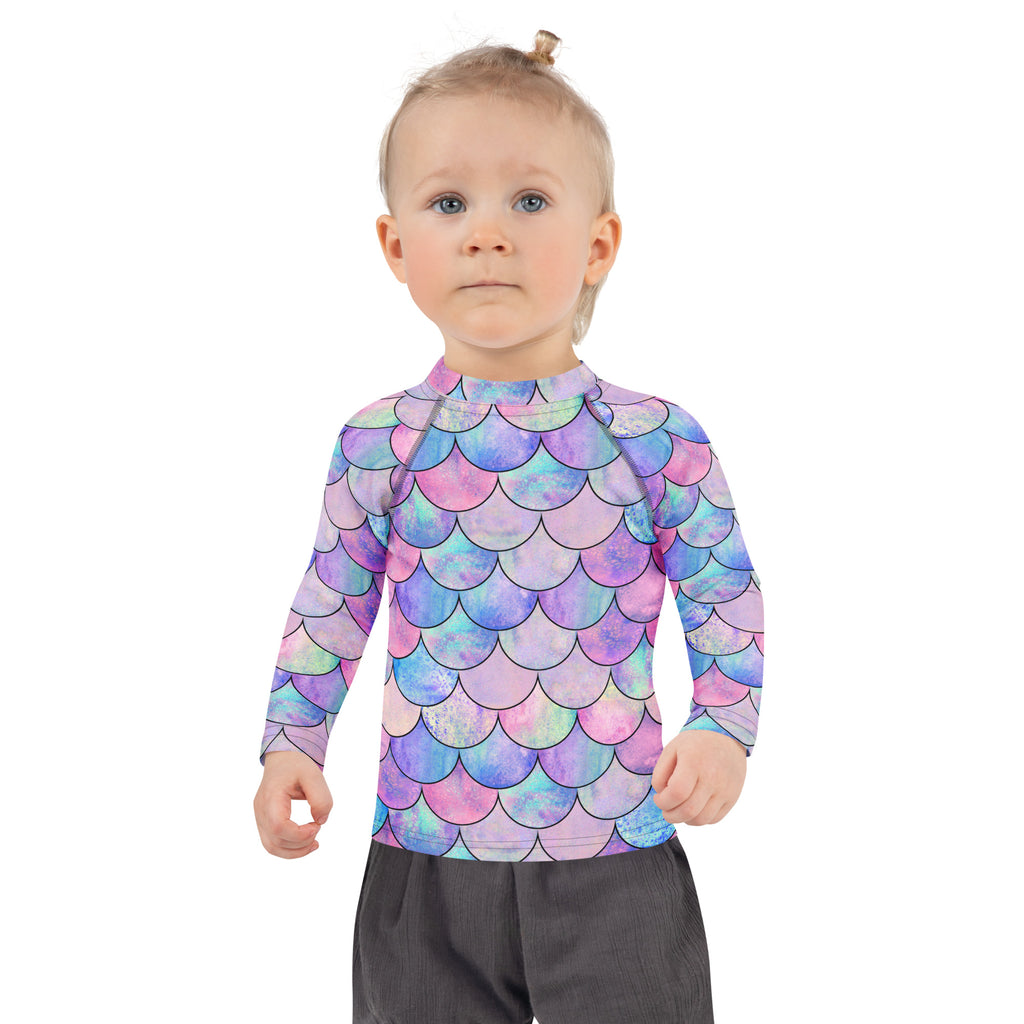 Girls Pastel Mermaid Long Sleeve Rash Guard Swim Shirt With UPF 50+