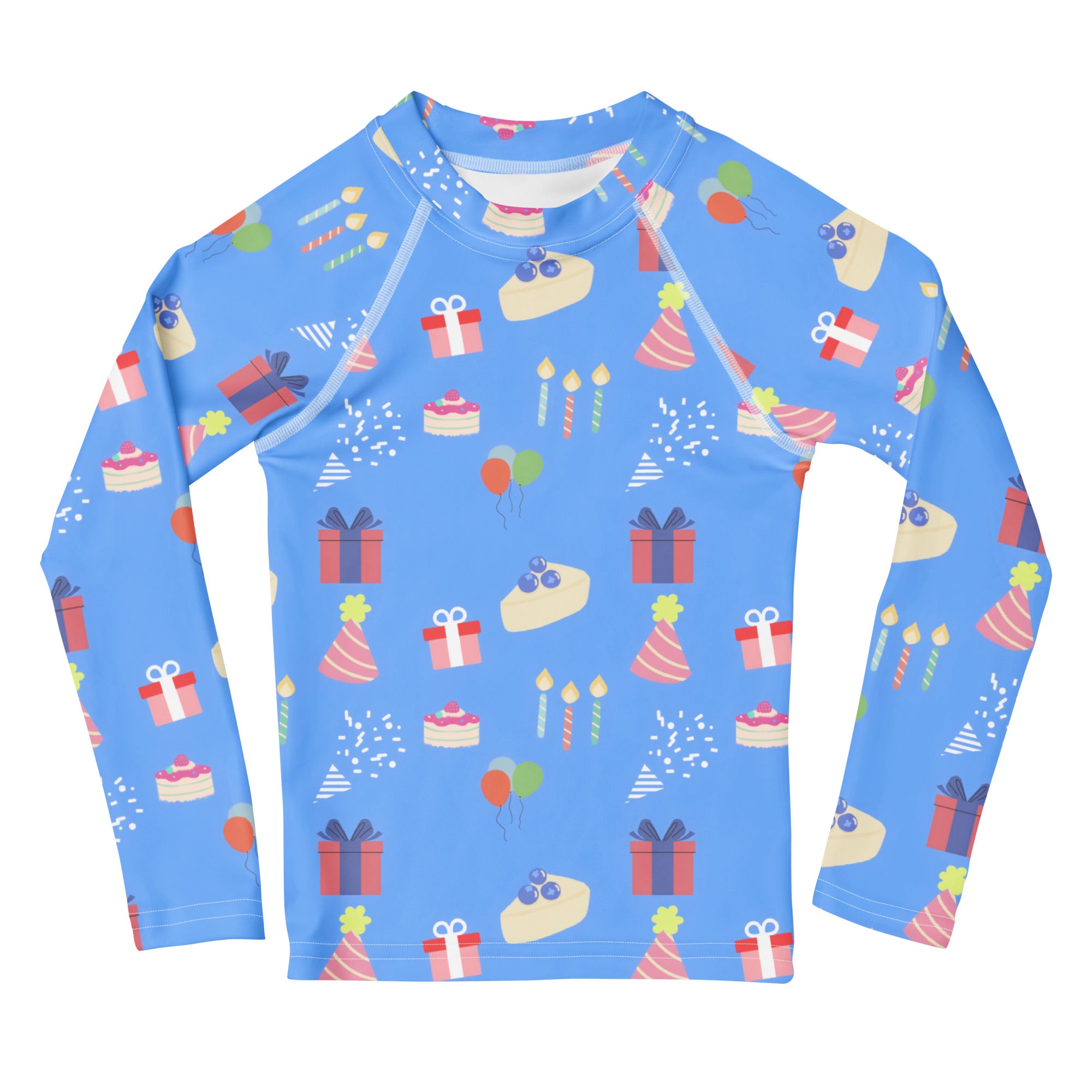 Kids blue long sleeve rash guard swim shirt with upf 50 plus featuring colorful birthday cakes gifts hats and balloons pattern