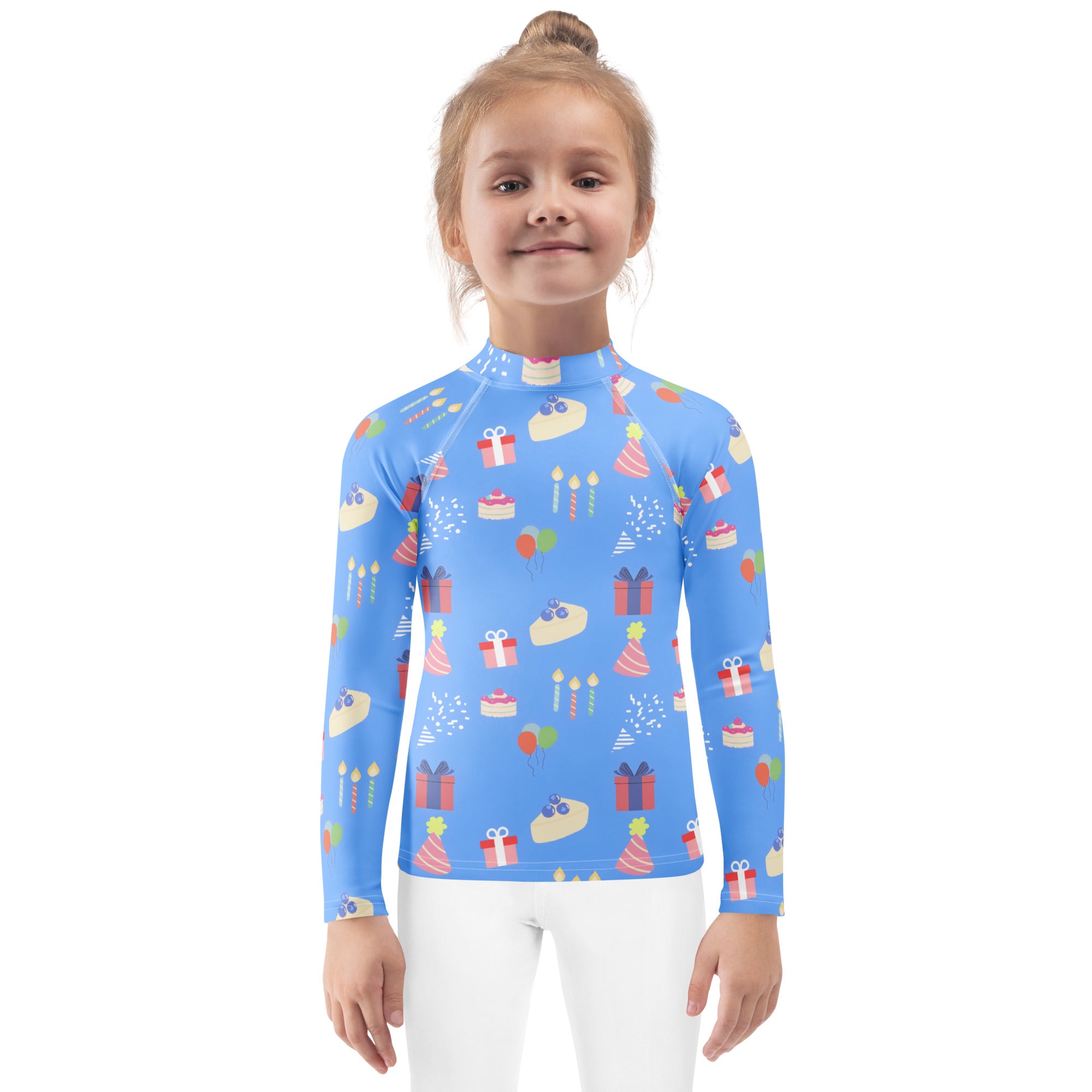 Kids blue long sleeve rash guard swim shirt with upf 50 plus and birthday cake gift candle pattern