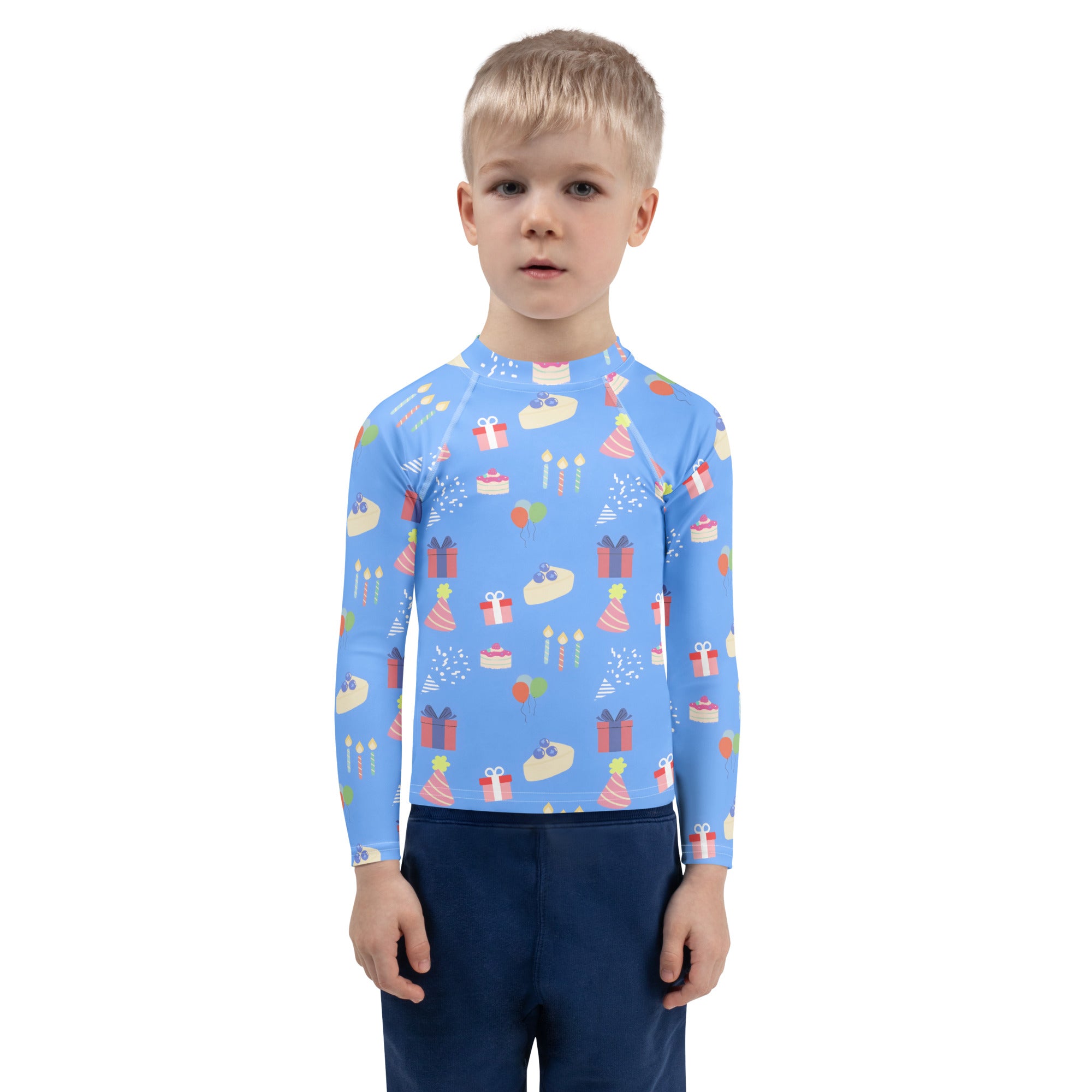 Kids blue birthday party long sleeve rash guard swim shirt with upf 50 plus featuring birthday cakes gifts and party hats