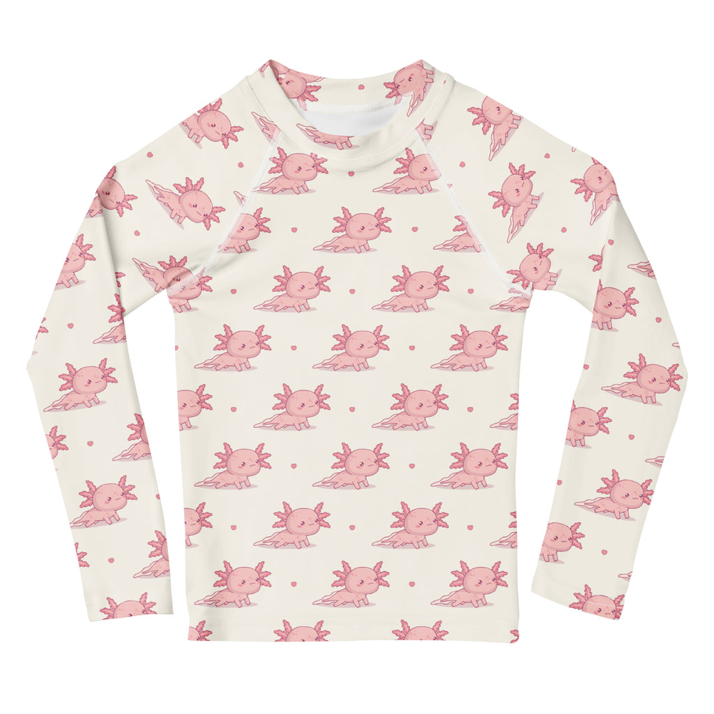 Girls Pink Axolotl Long Sleeve Rash Guard Swim Shirt With UPF 50+