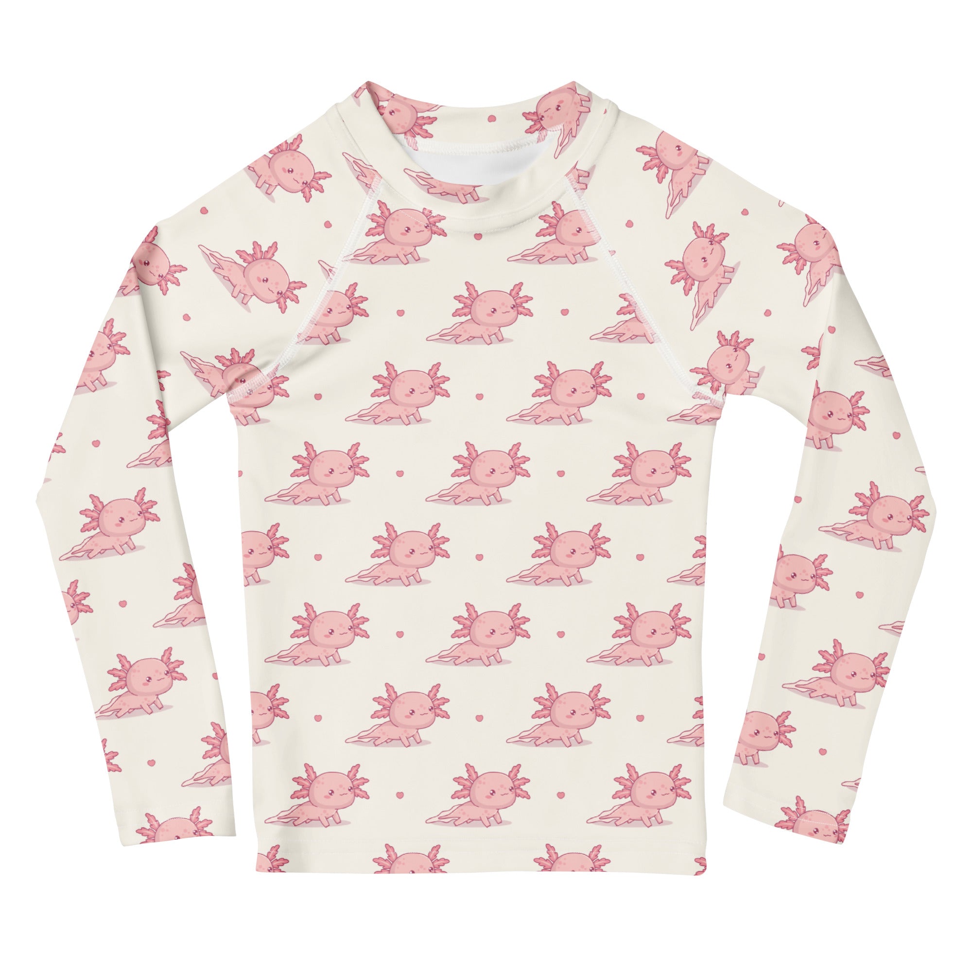 Girls Pink Axolotl Long Sleeve Rash Guard Swim Shirt With UPF 50+