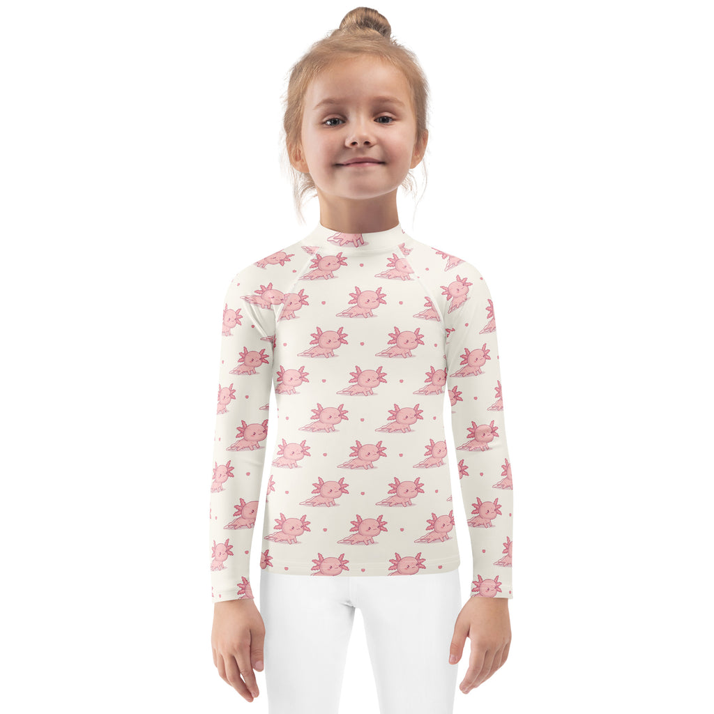 Girls Pink Axolotl Long Sleeve Rash Guard Swim Shirt With UPF 50+