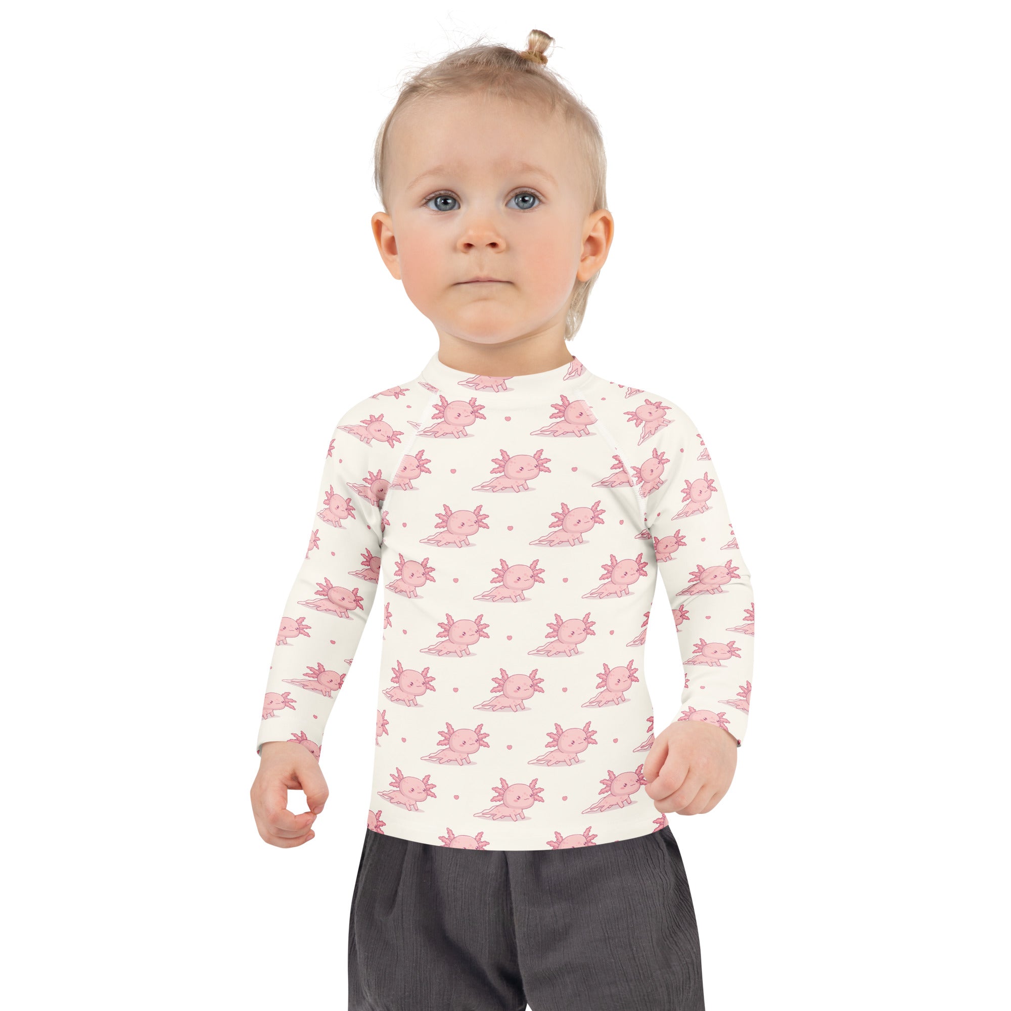 Girls Pink Axolotl Long Sleeve Rash Guard Swim Shirt With UPF 50+