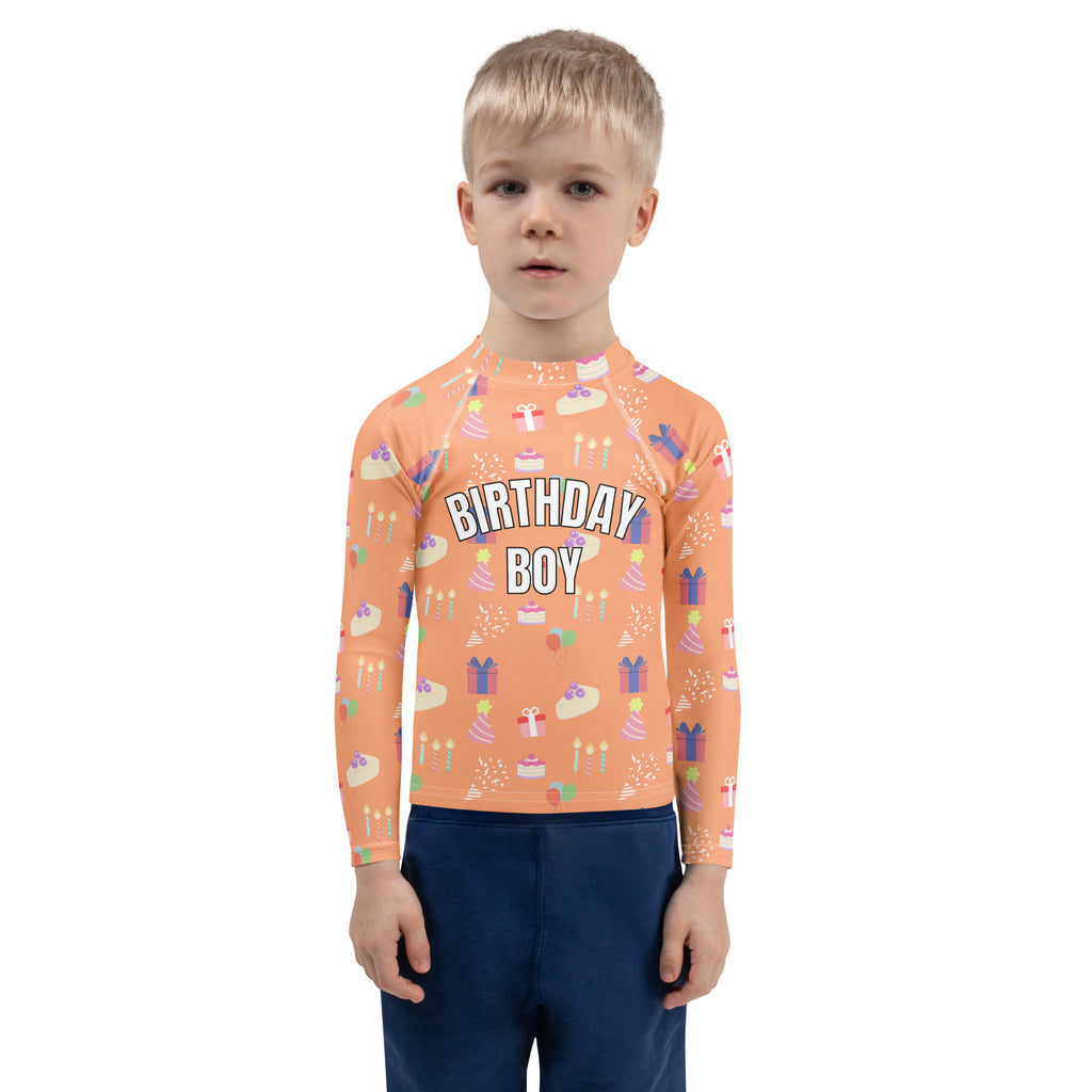 Orange long sleeve rash guard swim shirt with birthday boy text and birthday graphics with UPF 50 plus protection