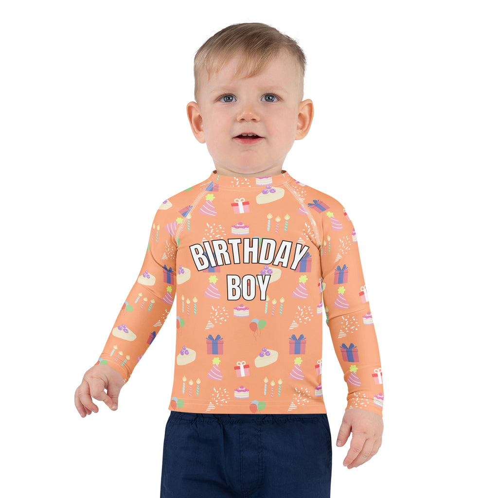 Orange long sleeve rash guard swim shirt with birthday boy text and birthday graphics with UPF 50 plus protection