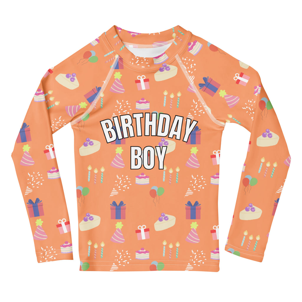 Orange long sleeve rash guard swim shirt with upf 50 plus birthday boy pattern of cakes gifts and candles in pastel hues