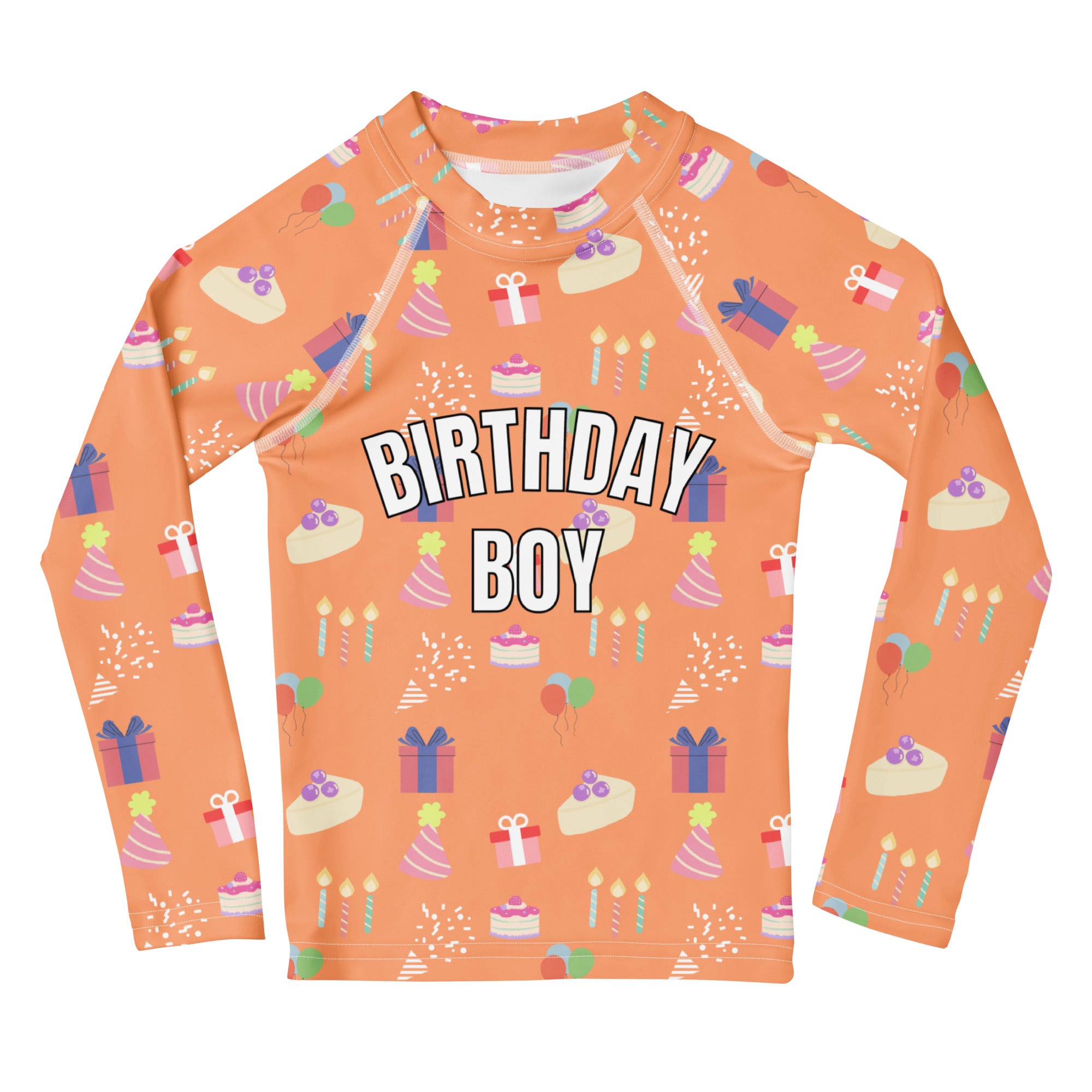 Orange long sleeve rash guard swim shirt with upf 50 plus birthday boy pattern of cakes gifts and candles in pastel hues