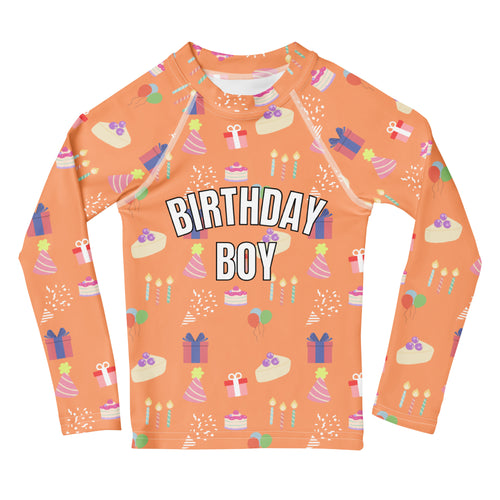 Birthday Party 'Birthday Boy' Orange Long Sleeve Rash Guard Swim Shirt With UPF 50+