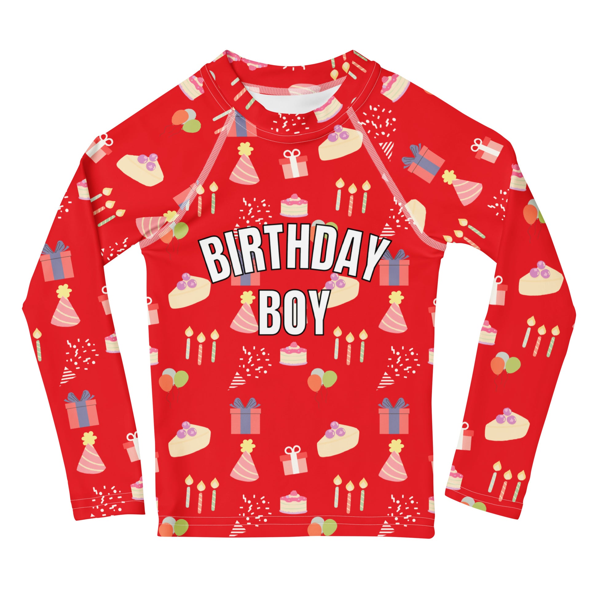 Red long-sleeve shirt with birthday-themed patterns and 'Birthday Boy' text on a white background