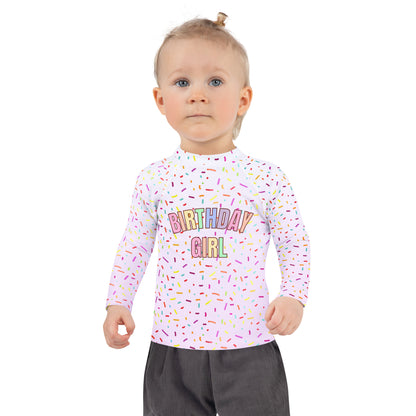 Colorful Sprinkles Birthday Girl Long Sleeve Rash Guard Swim Shirt With UPF 50+