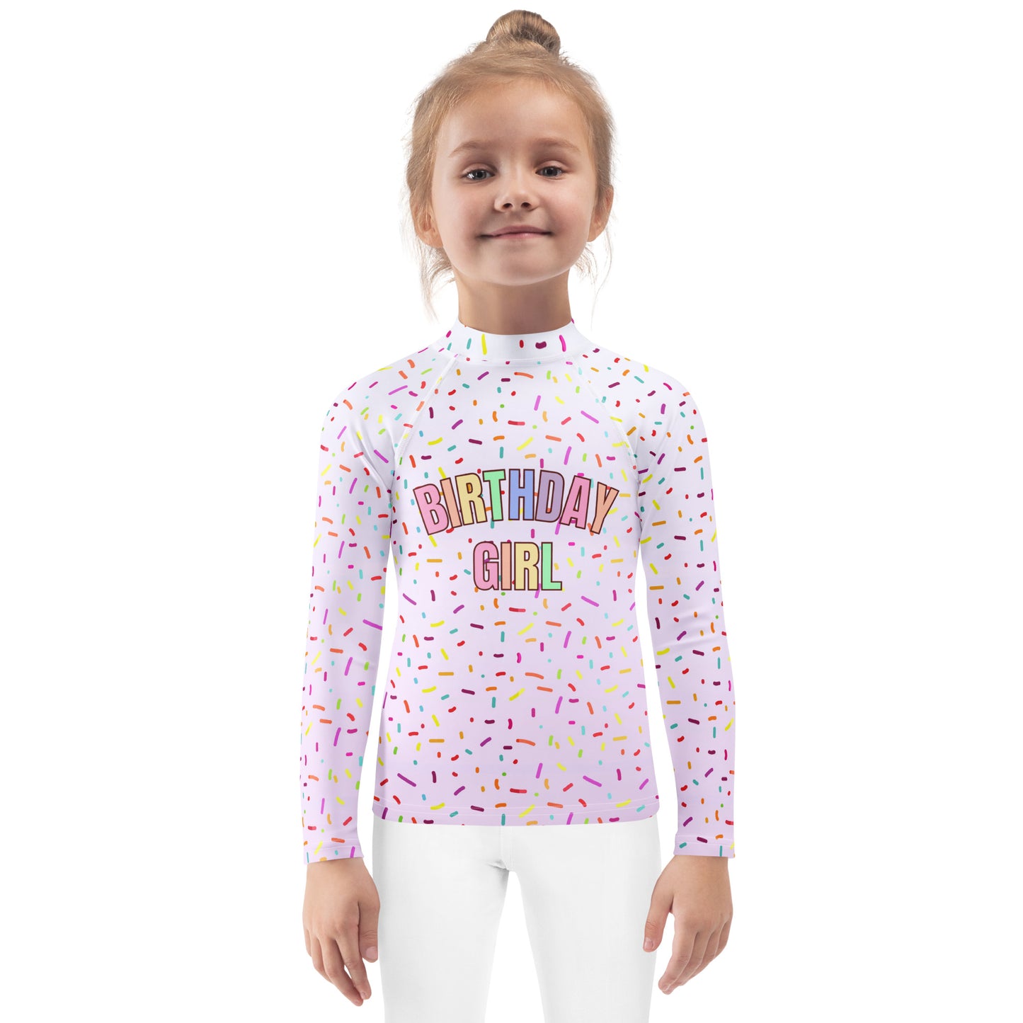 Colorful Sprinkles Birthday Girl Long Sleeve Rash Guard Swim Shirt With UPF 50+