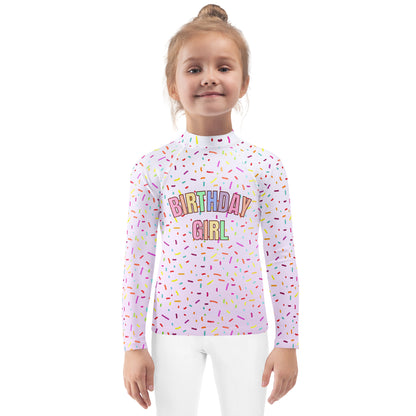Colorful Sprinkles Birthday Girl Long Sleeve Rash Guard Swim Shirt With UPF 50+
