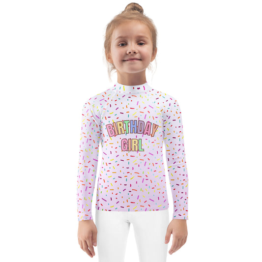 Colorful Sprinkles Birthday Girl Long Sleeve Rash Guard Swim Shirt With UPF 50+