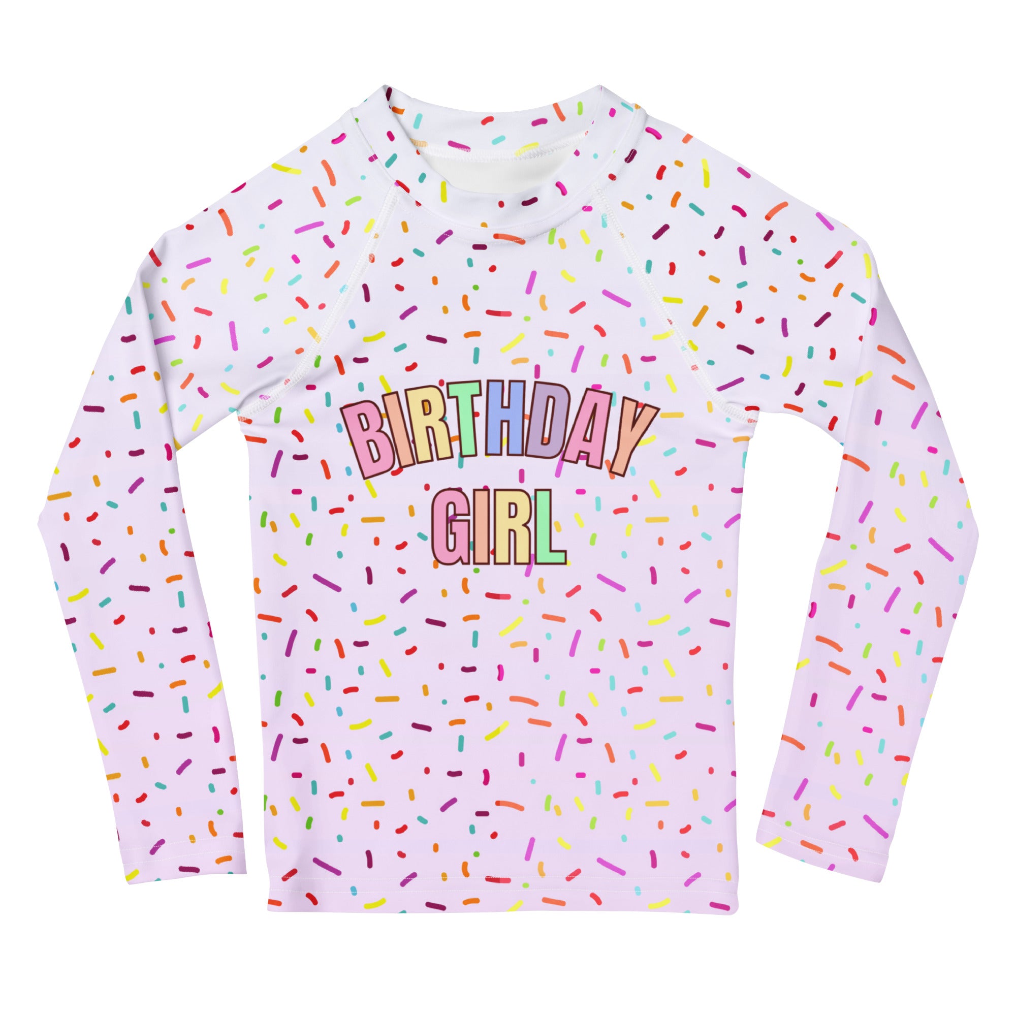 White long-sleeved rash guard swim shirt with colorful sprinkles and birthday girl rainbow print with upf 50+ protection