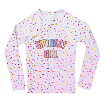 Colorful Sprinkles Birthday Girl Long Sleeve Rash Guard Swim Shirt With UPF 50+