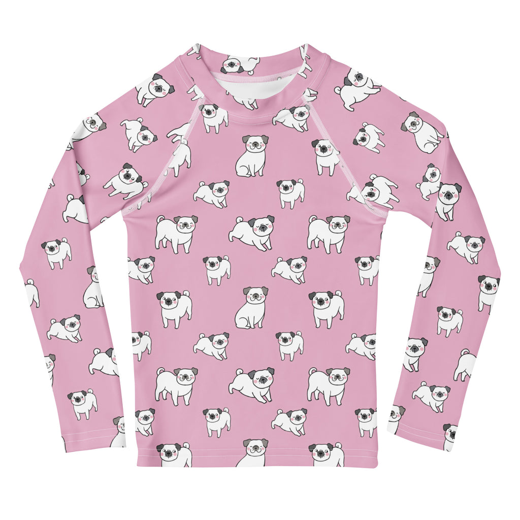 Girls Pink Pug Long Sleeve Rash Guard Swim Shirt With UPF 50+