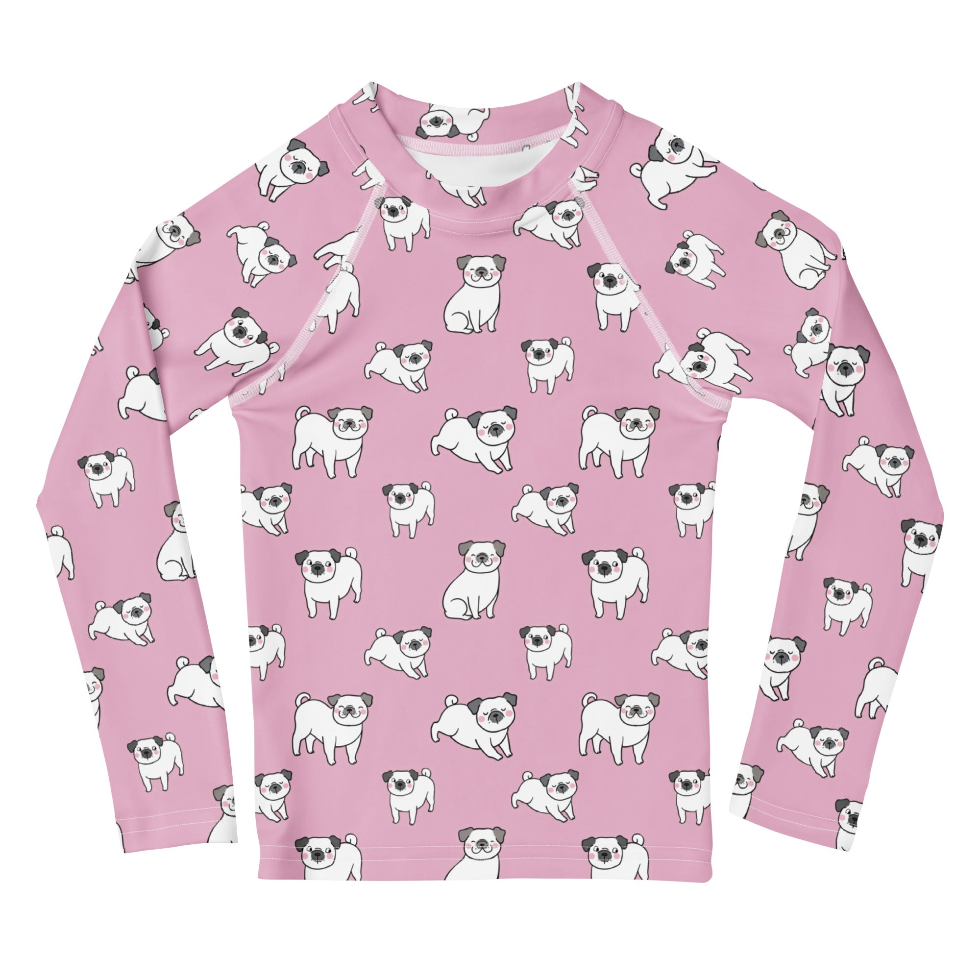 Girls Pink Pug Long Sleeve Rash Guard Swim Shirt With UPF 50+