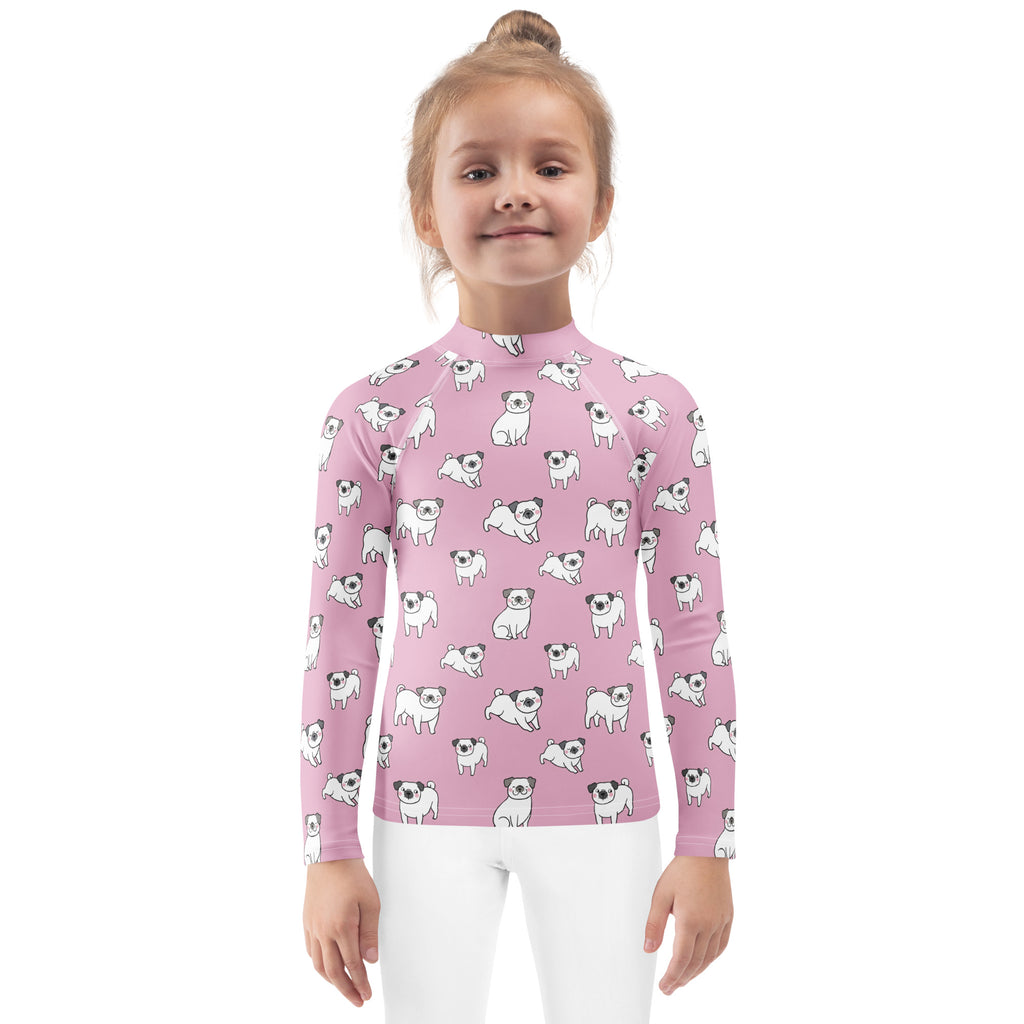 Girls Pink Pug Long Sleeve Rash Guard Swim Shirt With UPF 50+