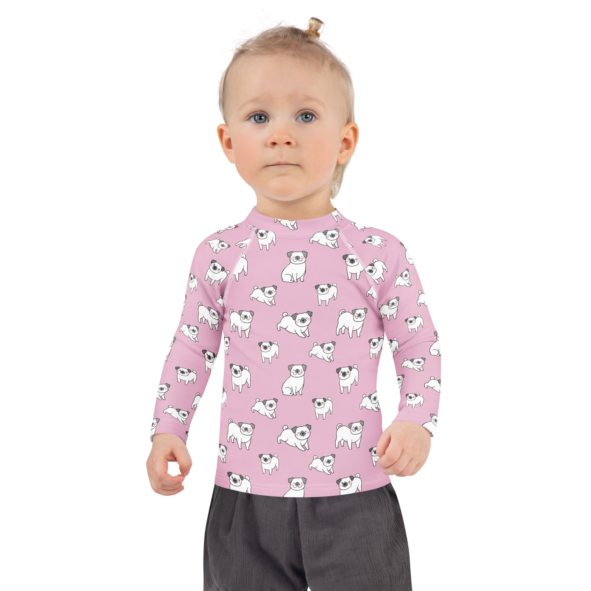 Girls Pink Pug Long Sleeve Rash Guard Swim Shirt With UPF 50+