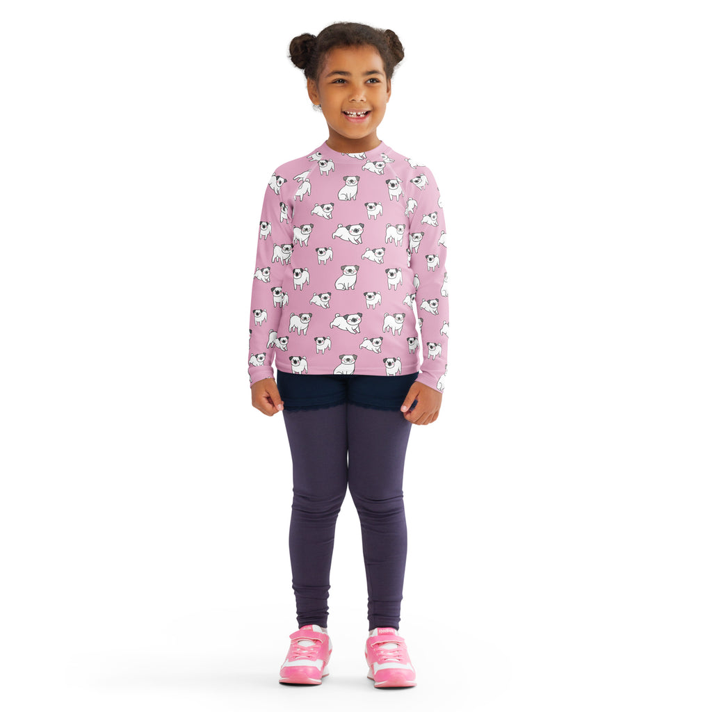 Girls Pink Pug Long Sleeve Rash Guard Swim Shirt With UPF 50+