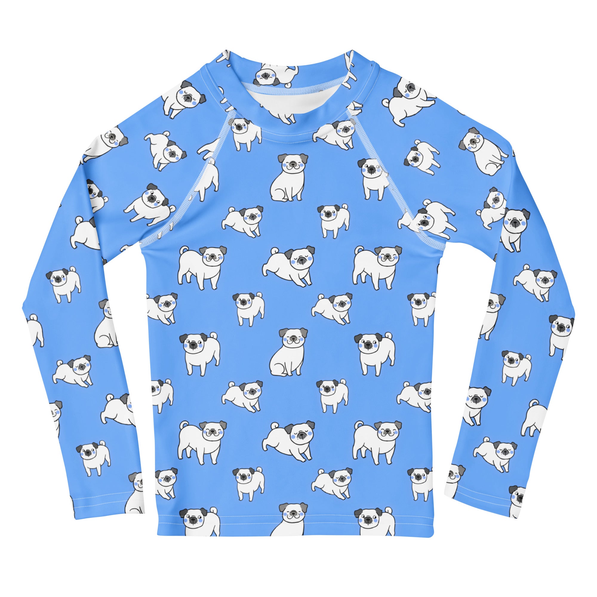 Kids blue long sleeve rash guard swim shirt with UPF 50 plus featuring a playful white pug print
