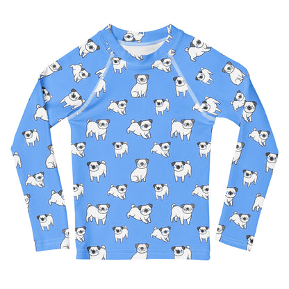 Kids Blue Pug Long Sleeve Rash Guard Swim Shirt With UPF 50+