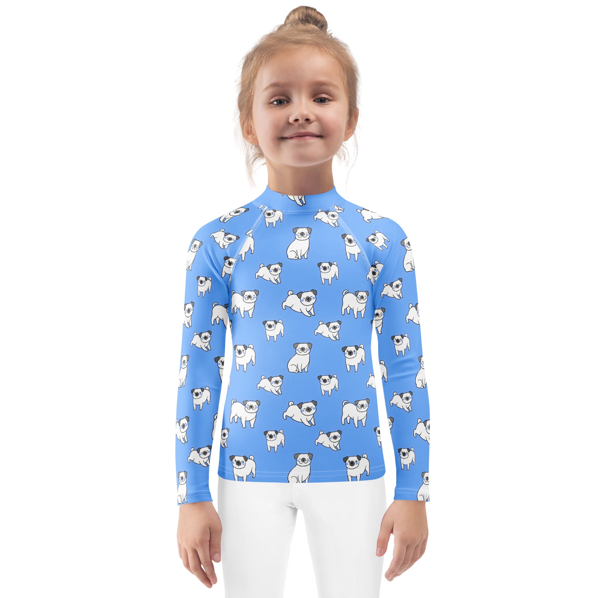 Kids blue long sleeve rash guard swim shirt with upf 50 plus featuring playful white pug dog print