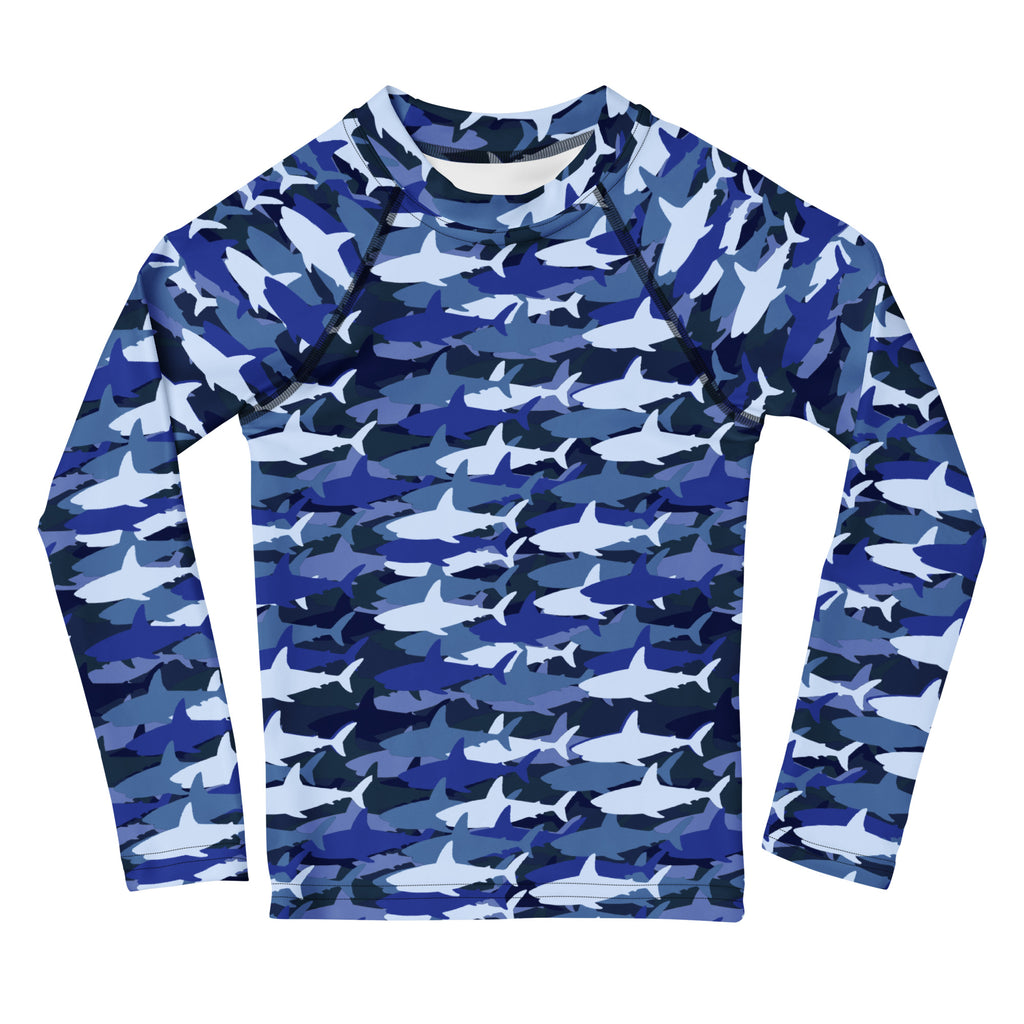 Kids blue and white shark camouflage long sleeve rash guard swim shirt with upf 50+ for sun protection