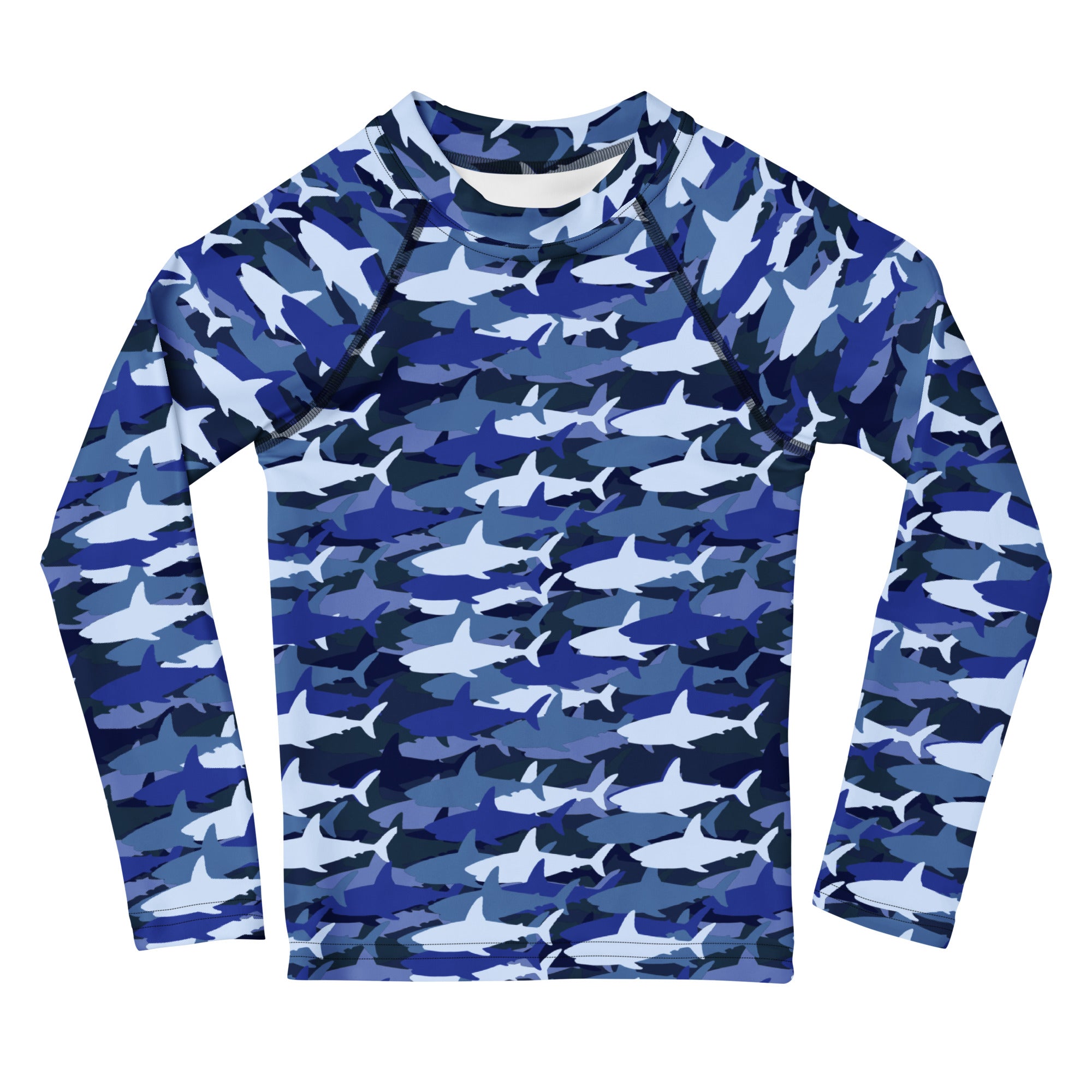 Kids blue and white shark camouflage long sleeve rash guard swim shirt with upf 50+ for sun protection