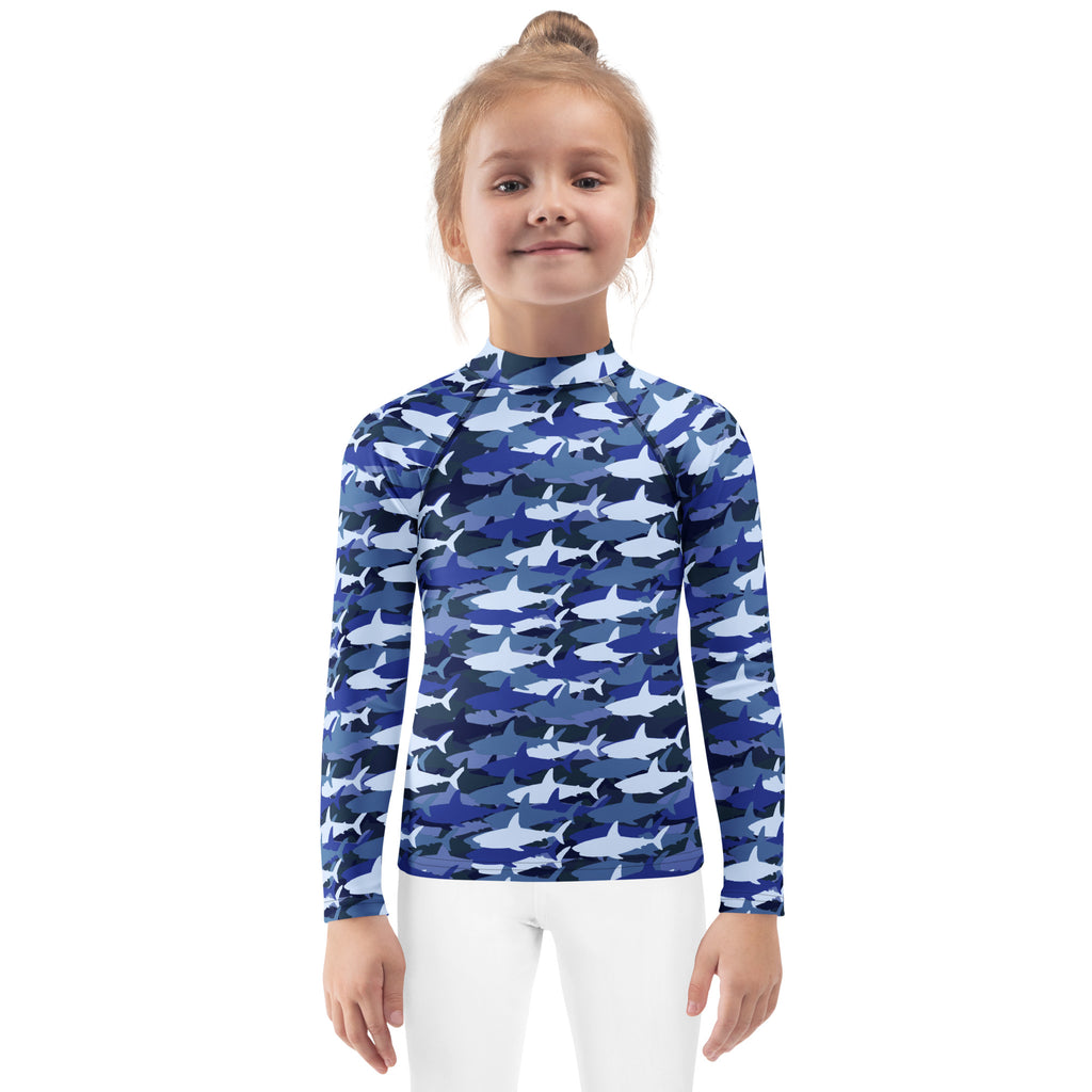 Kids blue shark long sleeve rash guard swim shirt with UPF 50 plus protection for sun safety