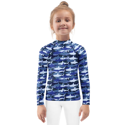 Kids blue shark long sleeve rash guard swim shirt with UPF 50 plus protection for sun safety