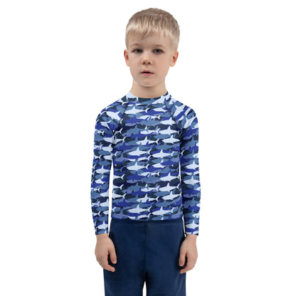 Kids Blue Shark Long Sleeve Rash Guard Swim Shirt With UPF 50+